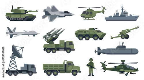Flat Design Military Vehicles and Army Equipment Vector Icons Set