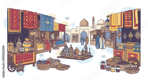 Illustration of a vibrant marketplace with colorful fabrics and traditional items on display in a Middle Eastern setting with a mosque in the background.