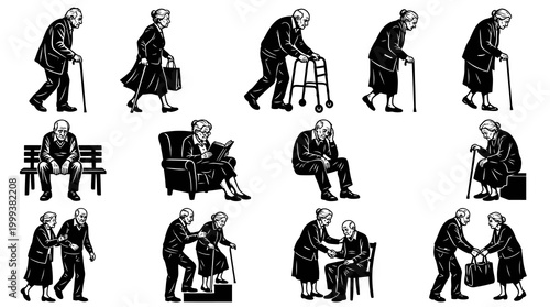 Elderly People Lifestyle  Senior Care Black  White Vector Illustration Set