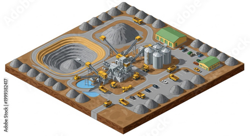 Cuadro en lienzo Isometric mining operation with heavy machinery and processing plant