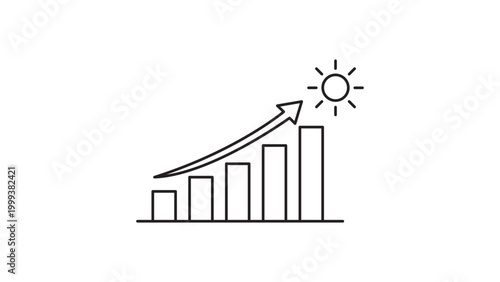 Bild auf Leinwand Economic Growth and Business Success Concept: Minimalist Black Line Vector Icon Featuring a Rising Bar Chart with an Upward Arrow and Sun, Editable Stroke Illustration on White Background