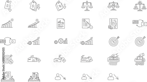 Economics and Finance Vector Icon Set with Editable Stroke: 29 Minimalist Line Icons for Inflation, Deflation, Digital Ethics, Unemployment, PPI, Fiscal Deficit, and Currency Exchange Bundle.