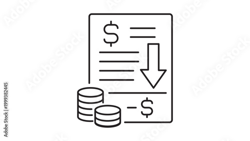 Tableau sur toile Fiscal Deficit and Budget Loss Minimalist Black Line Vector Icon on White Background, Featuring a Document with Downward Arrow and Coins, Editable Stroke Illustration for Finance and Economy