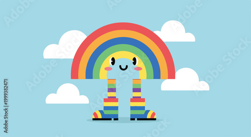 A simple illustration of a happy creature under a rainbow
