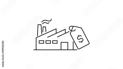 Minimalist Producer Price Index (PPI) vector icon illustration of a factory building with a dollar sign price tag. Clean black line art with editable stroke for adjustable line weight.