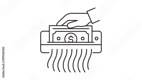 Quantitative Tightening and Money Destruction Editable Stroke Vector Icon. A minimalist black line illustration of a hand putting a dollar bill into a paper shredder on a white background.