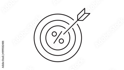 Inflation Target and Interest Rate Goal Concept, Minimalist Black Line Vector Icon on White Background with Editable Stroke, Featuring a Bullseye Target with a Percent Sign and an Arrow Hitting.