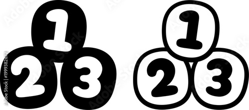 Cute cartoon 123 numbers icon, 2 styles: solid black and outline. Children education, preschool toy, school logo.