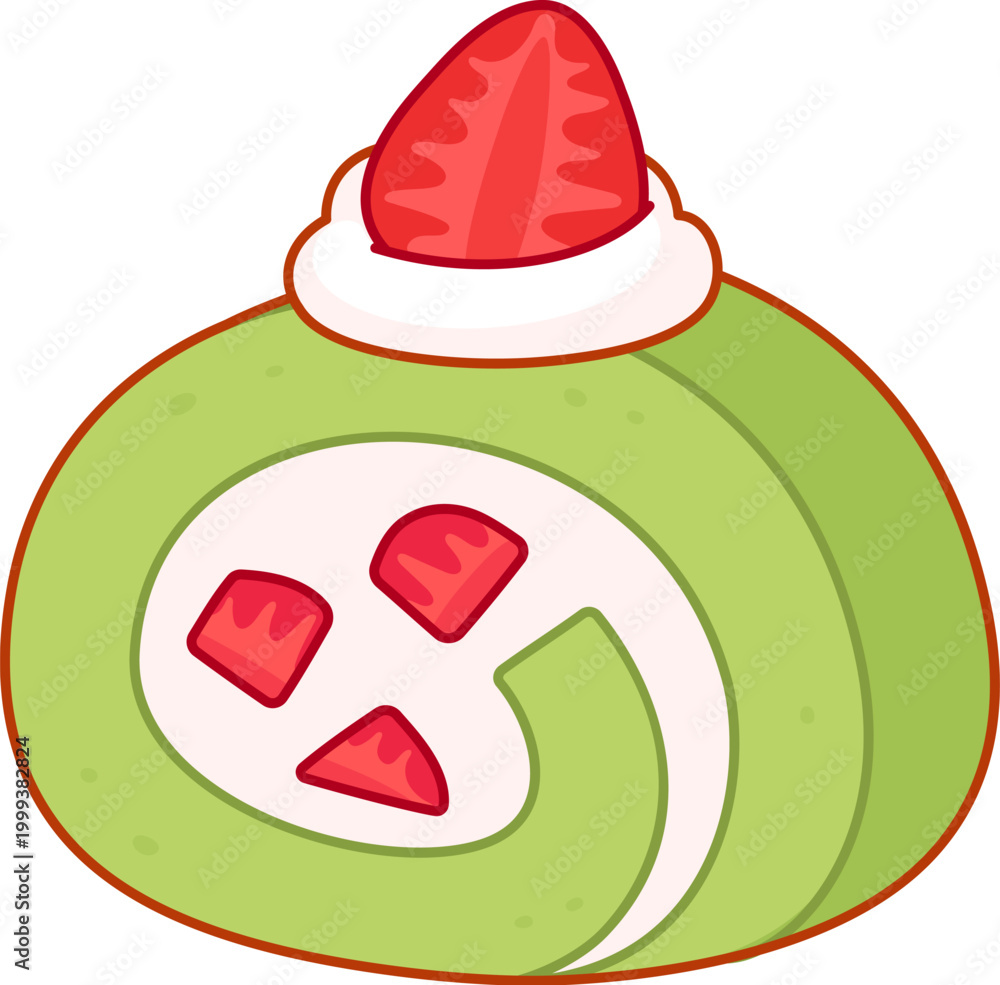 Naklejka premium Japanese matcha strawberry cake roll dessert. Green Swiss roll filled with whipped cream and strawberries. Cartoon drawing, vector illustration.