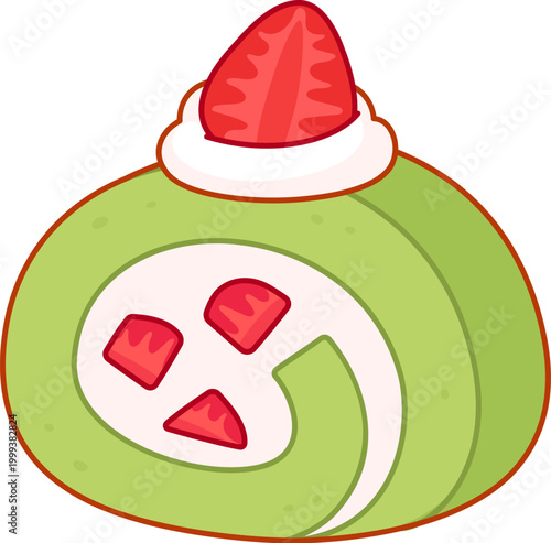 Japanese matcha strawberry cake roll dessert. Green Swiss roll filled with whipped cream and strawberries. Cartoon drawing, vector illustration.
