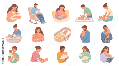 Flat Vector Parenting and Newborn Baby Care Scenes Illustration Collection