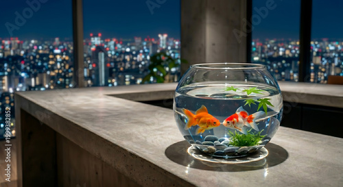 都会の夜景を背景にしたモダンなインテリアと金魚鉢の涼しげな風景