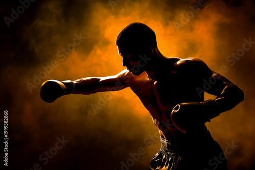 Boxer throwing a punch in dramatic lighting against a dark background  
