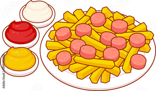 Salchipapas, traditional South American fast food with dipping sauces. Potato french fries with sliced sausages. Isolated vector clipart illustration