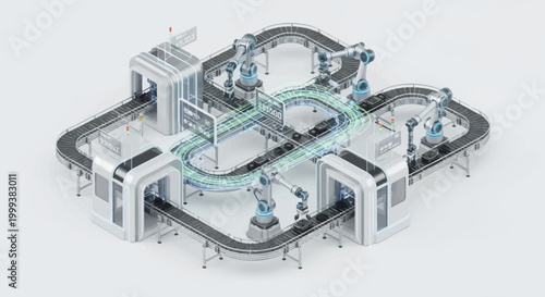 Aerial view of a robotic assembly line, showcasing industry 4.0 with automated arms working on a conveyor belt system in a modern factory against a clean white background, rendered