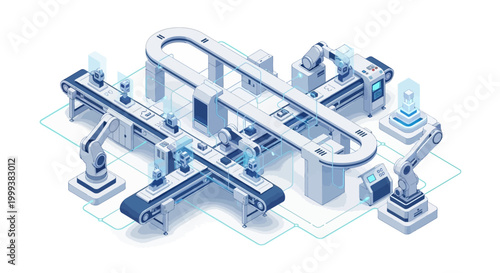 Isometric illustration shows an automated production line with robotic arms handling vials on conveyor belts, set against a clean white background, showcasing the principles of Industry 4.0