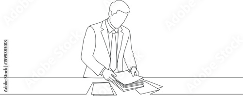 Businessman sorting documents on desk, administrative work, office tasks continuous line art drawing. Minimal line width vector illustration