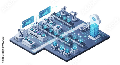 Isometric illustration showcasing an automated factory floor powered by industry 4.0 technology, complete with robotic arms, conveyor belts, and a data server, all rendered in a clean