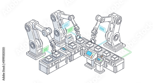 Isometric line drawing shows robotic arms working on a conveyor belt in a modern factory, representing industry 4.0 with precision machinery against a clean white background