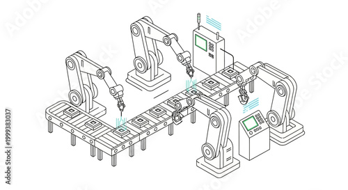 Isometric outline illustration depicting robotic arms performing automated assembly line tasks on a conveyor belt in a futuristic industry 4.0 factory, rendered in a clean, minimalist style