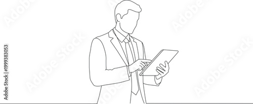 Businessman using digital tablet one continuous line drawing art style. Editable thin outline. Minimal line width vector illustration