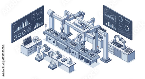 Isometric illustration depicting an automated factory assembly line with robotic arms performing tasks, set against a clean white background, showcasing a modern vision of technology