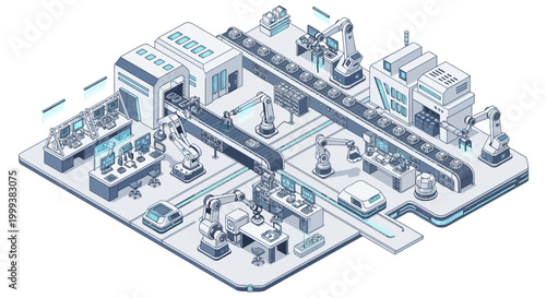 Isometric illustration showing an automated factory floor with robotic arms and conveyor belts in an industry 4.0 setting, rendered in a clean, light blue and white palette