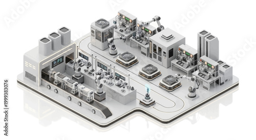 Isometric view of a modern automated factory showcasing robotic arms and conveyor belts in a clean, white setting, illustrating industry 4.0 technology for efficient production processes