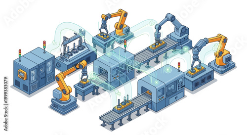 Isometric illustration showing an automated assembly line with robotic arms working on products moving along conveyor belts, set against a clean white backdrop with a futuristic