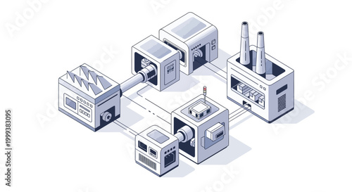 Isometric illustration depicting an industry 4.0 factory setup with interconnected machines and conveyor belts, set against a clean white background to showcase the concept of automated