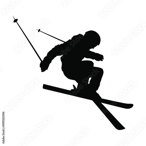 Black silhouette of a skier in mid-air skiing white