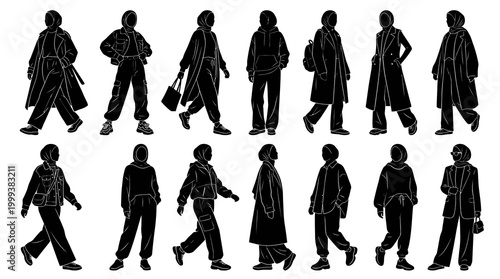 Modest Fashion Hijabi Women Outfits Silhouettes - Black  White Line Art Vector Set