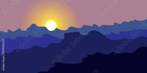 Serene mountain landscape at sunset with a glowing sun illuminating the sky with soft colors