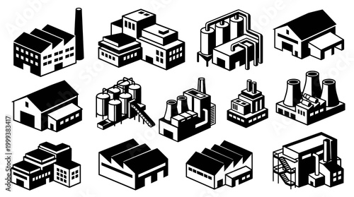 Industrial Factories Icon Set - Black and White Isometric Vector Art
