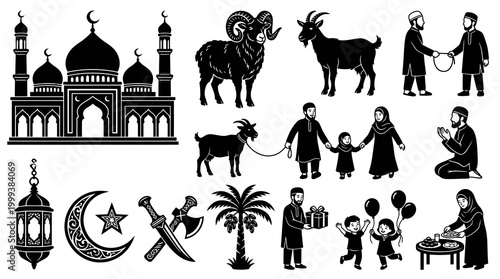 Islamic Eid al-Adha Holiday Silhouette Icons Set - Muslim Religion  Culture Elements