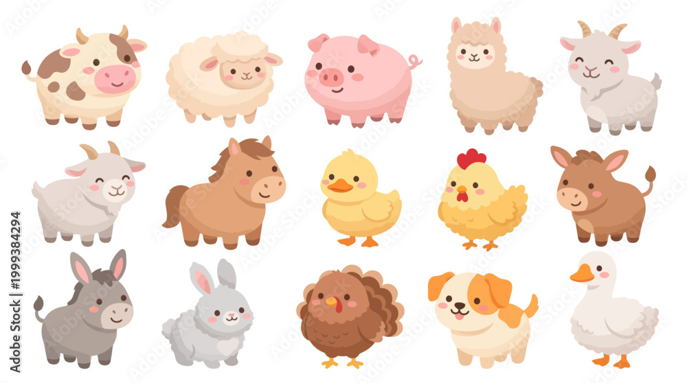 Fototapeta premium Cute Cartoon Farm Animals Vector Illustration Set