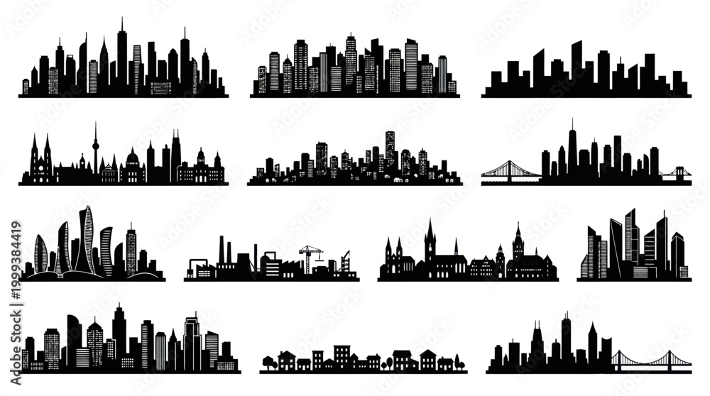 Obraz premium City Skyline Silhouettes Collection: Urban Architecture Monochrome Vector Glyphs Set