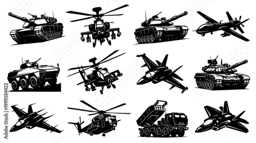 Military Vehicles and Aircraft Black Glyph Icons Set