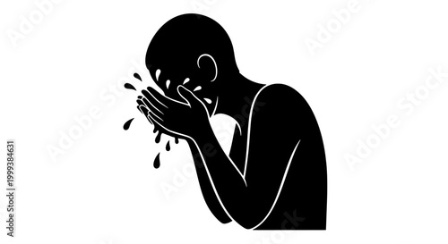 Fotografie Silhouette of a person splashing water on their face with cupped hands, symbolizing cleansing or refreshment