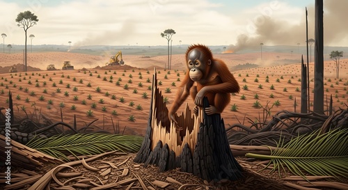 Lonely Orangutan Sitting on Tree Stump in Deforested Landscape with Construction Equipment