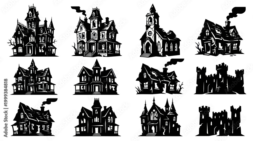 Fototapeta premium Spooky Halloween Houses and Castles Black and White Vector Graphics