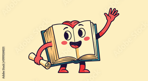 A smiling book with red limbs and heart on top