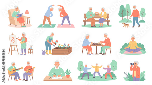 Elderly people enjoying diverse activities, flat illustration, healthcare, retirement