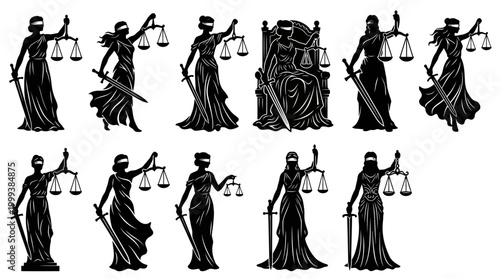Black and White Lady Justice Silhouettes with Scales and Sword