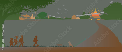 Cartoon dragon lion and horse in a colorful nature landscape with trees flowers grass sky and sunny seaside scenery