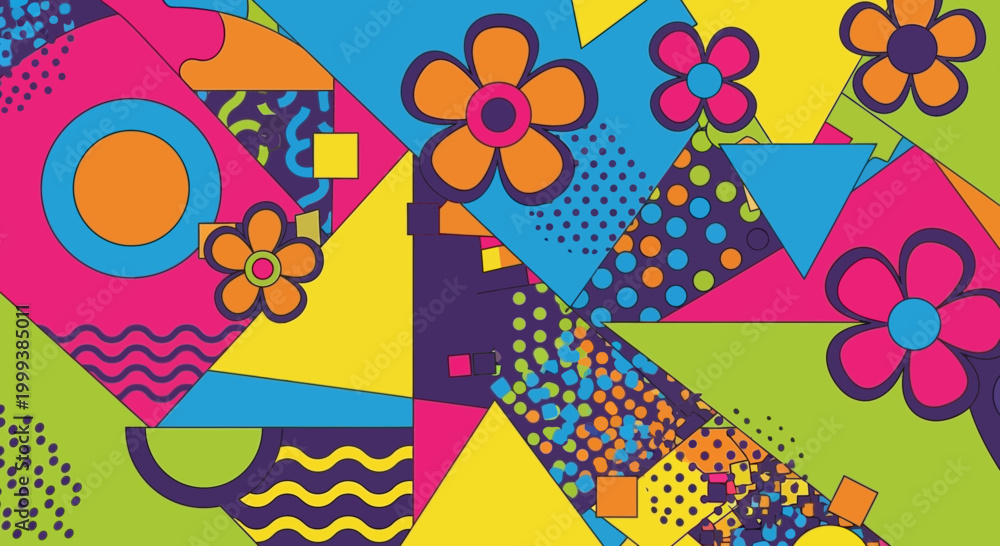 Fototapeta premium Vibrant Geometric Pattern with Retro Flowers and Abstract Shapes