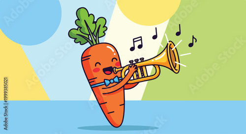 A smiling carrot plays a trumpet
