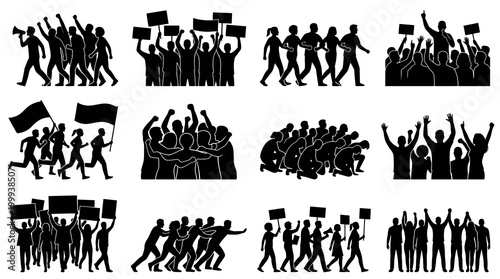 Black and White Silhouettes of Protesting Crowd, People with Signs, Flags, and Megaphone
