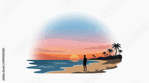 A solitary figure stands on a sun-kissed beach, watching the last rays of sun sink below the horizon, with the picturesque silhouettes of palm trees enhancing the scene. 