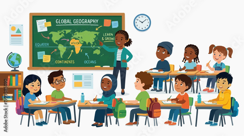 A vibrant depiction of a classroom setting, showcasing a teacher instructing a diverse group of children. The scene captures the essence of education, learning, and cultural diversity.